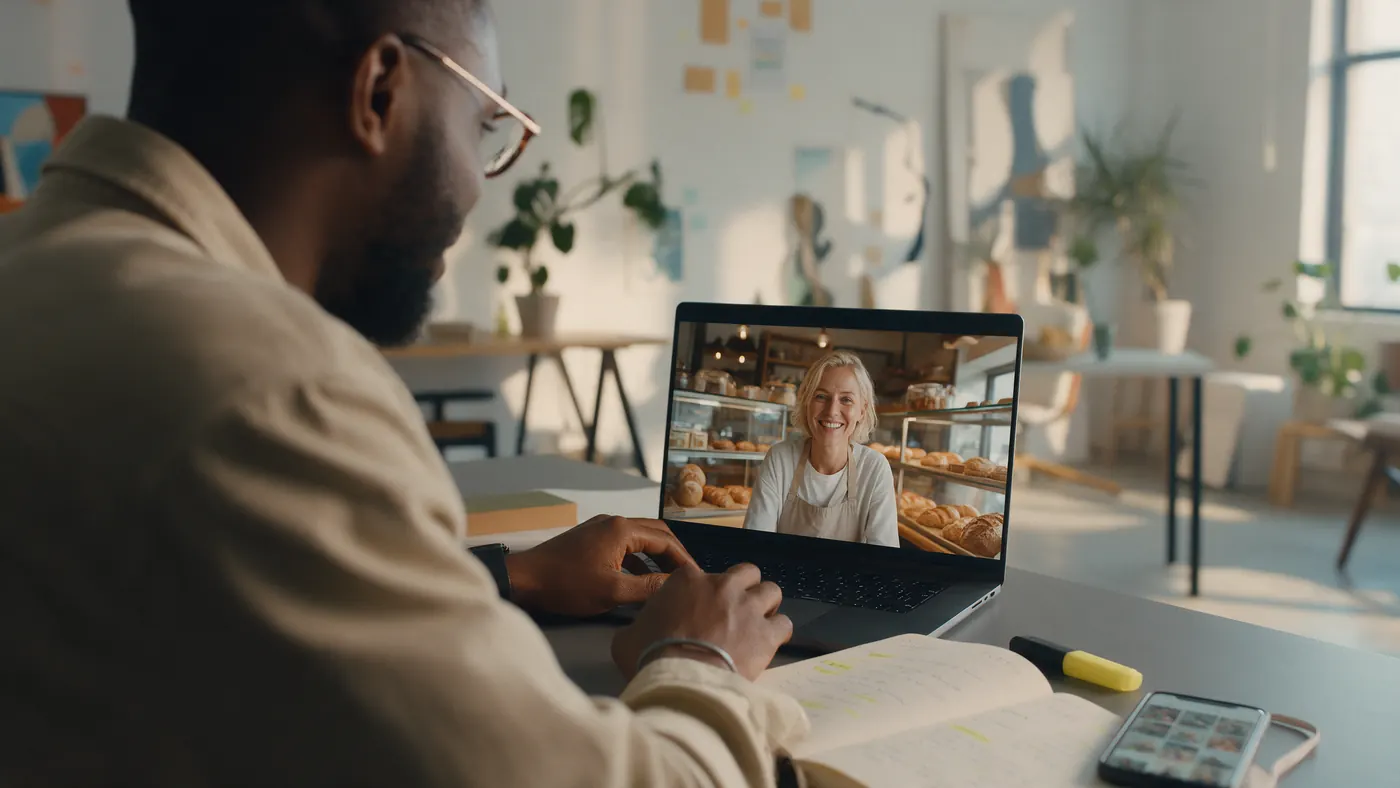A strategist on a video call with a client, with handwritten notes on the desk