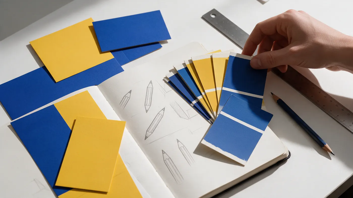 Logo sketches, business cards and colour swatches laid out on a desk