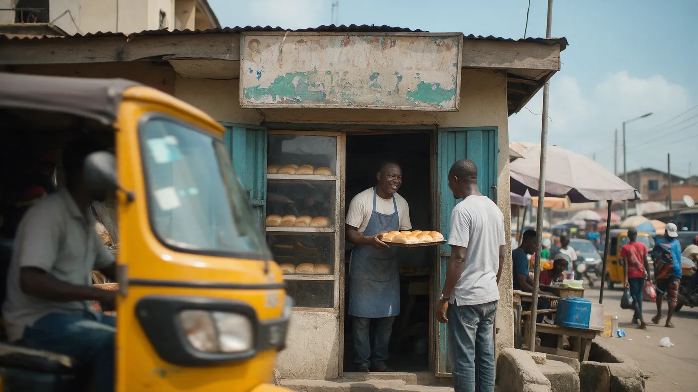 A baker in a bakery doorway under a faded hand-painted sign
